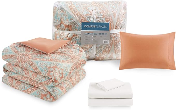 Comfort Spaces Bed in A Bag - Trendy Casual Design Cozy Comforter with Complete Sheet Set with Side Pocket, All Season Cover, Matching Shams, Twin(66"x90"), Gloria, Damask Coral 6 Piece - LeafyLoom