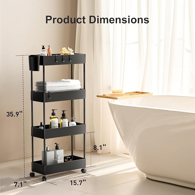 Pipishell Slim Storage Cart with Wheels, Bathroom Cart Organizer Bathroom Storage Small, Rolling Cart for Bathroom, Laundry Room, Kitchen, Narrow Space, Black PIUC05 - LeafyLoom