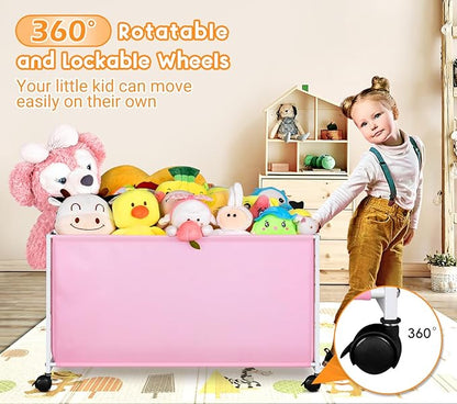 MISSLO Large Kids Toy Box for Girls with Wheels Toy Chest for Toddlers Toy Storage Organizer Big Toy Bin, 124L, Pink - LeafyLoom