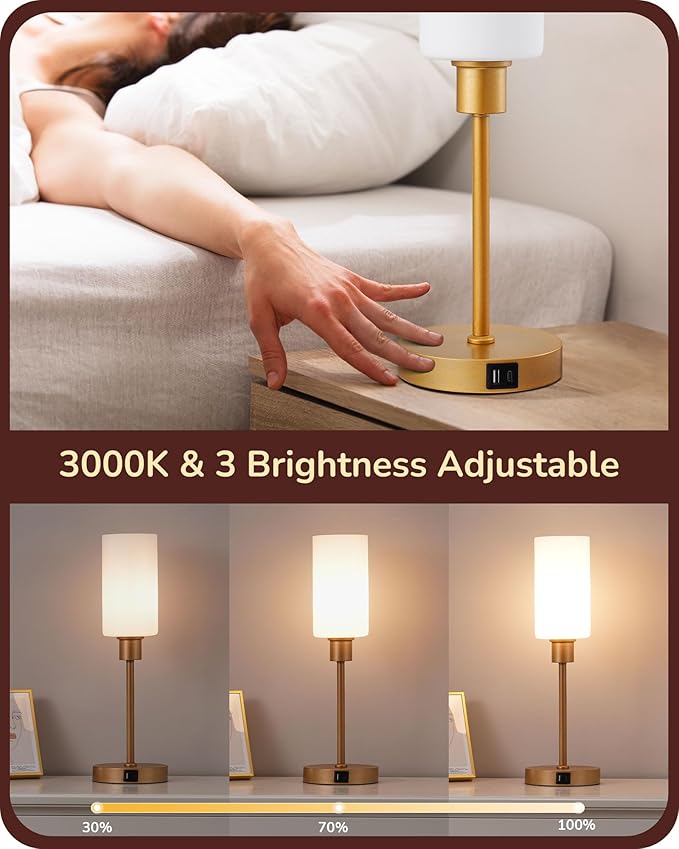 EDISHINE 19" Glass Table Lamp with Touch Control, Modern Bedside Lamp, 3-Stage Dimmable & USB-A+Type-C Charging Ports, Nightstand Lamp for Living Room, Bedroom (Gold) - LeafyLoom