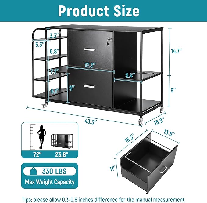 Lateral File Cabinet, 2 Drawer Mobile Filing Cabinet with Outlet, Open Storage Side Shelves, Locking Drawer Fits A4/Letter/Legal Size File Cabinets for Home Office, Black - LeafyLoom