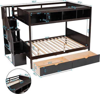 Twin Over Full Bunk Bed with Stairs Storage Function, Shelf and 2 Drawers, Wooden Frame Stairway Bunkbeds for Kids Teens Bedroom, Espresso - LeafyLoom