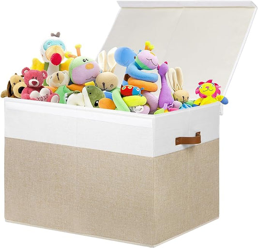 Large Toy Storage Box with Lid, Sturdy Toys Storage Chest Bin Organizer Basket with Dividers for Kids, Boys, Girls, Nursery, Closet, Bedroom, Playroom 26"x17" x17" (Beige and White) - LeafyLoom