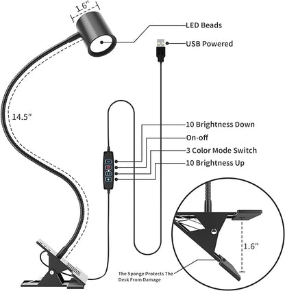 Dott Arts Desk Lamp,USB Clip On Light with 3 Color Modes,LED 10 Levels Brightness Reading Light, 360°Gooseneck Book Light,Eye-Care Reading Lamp for Home Office,Headboards Black - LeafyLoom