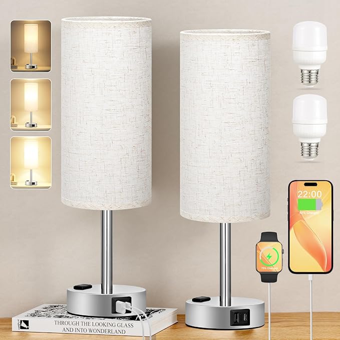 Light Beige Touch Nightstand Lamps - 3 Way Dimmable Bedside Table Lamps Set of 2 for Bedroom with USB C and A Ports, Small Desk Lamps with AC Outlet for Kids Dorm Nursery, Silver Base - LeafyLoom