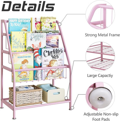 aboxoo Kids Bookshelf Small Toddler Freestanding for Children Room 18 inches Metal Bookcase Toy Organizer Pink Stable Bookcase Bookstore Library Book Unit Storage for Small Place - LeafyLoom