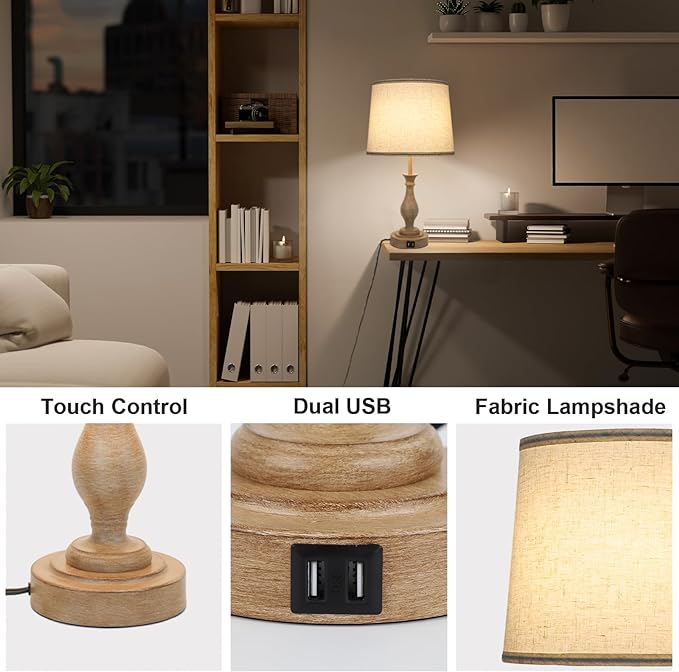 Touch Lamps for Bedrooms Set of 2, Farmhouse Table Lamp with Dual USB Charging Ports, 3 Way Dimmable Nightstand Lamps with Linen Fabric Lampshade for Bedroom, Living Room (Pack2-01A) - LeafyLoom