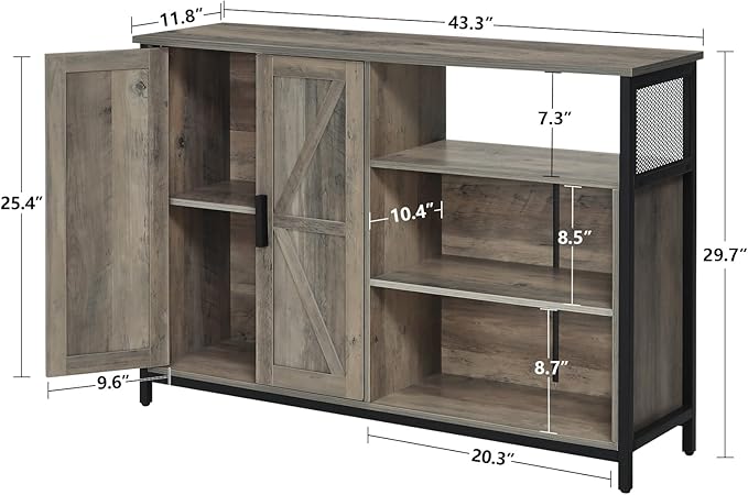 WEENFON Floor Storage Cabinet, Buffet Storage Cabinet with 2 Barn Doors, Industrial Sideboard with Adjustable Shelves, Buffet Table for Dining Room, Living Room, Kitchen, Rustic Oak - LeafyLoom