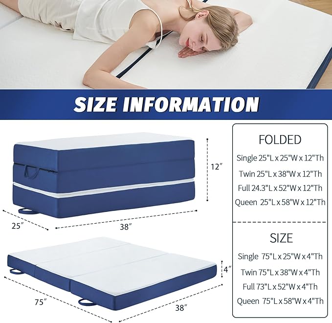 CYMULA Tri Folding Mattress Twin,Dorm Furniture,4 inch Foldable Mattress with Collapsible and Washable Cover,Suitable for Guest Bed hospital mattress Futon,Camping, Road Trip,Tatami,temporary beds - LeafyLoom