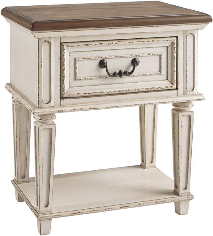 Signature Design by Ashley Realyn Traditional Cottage 1 Drawer Nightstand with Dovetail Construction & Open Display Shelf, Chipped White, Distressed Brown - LeafyLoom