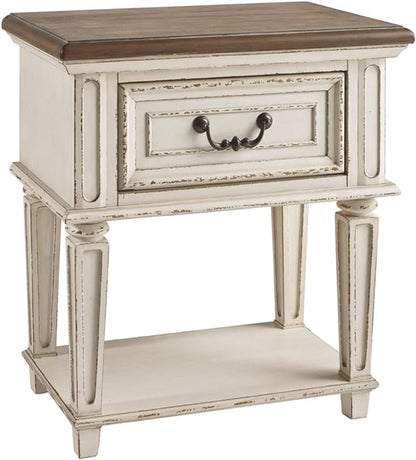 Signature Design by Ashley Realyn Traditional Cottage 1 Drawer Nightstand with Dovetail Construction & Open Display Shelf, Chipped White, Distressed Brown - LeafyLoom