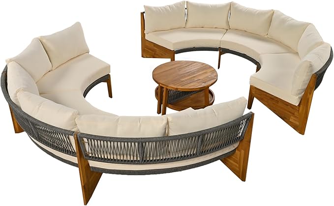 Merax Outdoor Sectional Patio Furniture Sets, Half Moon All Weather Wicker Seating Group, with Cushions and Round Coffee Table, Beige - LeafyLoom