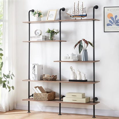 HOMISSUE Industrial Bookshelf 5-Tier Open Wall Mount Ladder Bookshelf, Modern Bookcase with Metal Frame and Wood Style for Home Office, Wall Mounted industrial Iron Pipe Shelf, Oak Brown - LeafyLoom