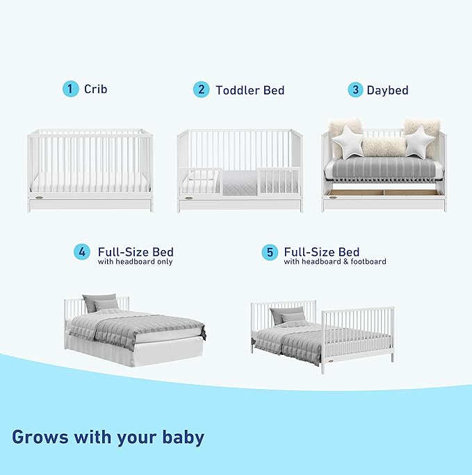 Graco Teddi 5-in-1 Convertible Crib with Drawer (White) – GREENGUARD Gold Certified, Crib with Drawer Combo, Full-Size Nursery Storage Drawer, Converts to Toddler Bed, Daybed and Full-Size Bed - LeafyLoom