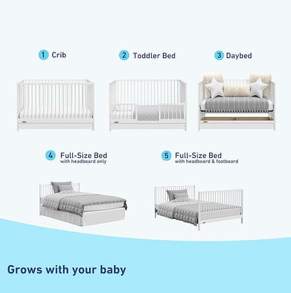 Graco Teddi 5-in-1 Convertible Crib with Drawer (White) – GREENGUARD Gold Certified, Crib with Drawer Combo, Full-Size Nursery Storage Drawer, Converts to Toddler Bed, Daybed and Full-Size Bed - LeafyLoom