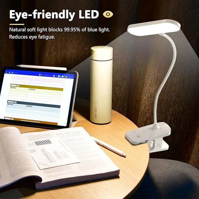 Desk Lamp Battery Operated, Clip on USB Rechargeable Reading Light for Headboard with Large Clamp, 25 Models Adjustable Cordless Touch Light for Bed Frame Bunk Dorm Table Bedside (White) - LeafyLoom