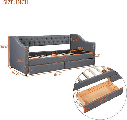 Twin Size Upholstered Daybed with Two Storage Drawers, Tufted Sofa Bed w/Nailhead Trim and Wood Slat Support, for Bedroom, Living Room, Guest Room, Gray - LeafyLoom