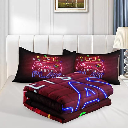 6 PCS Gamer Queen Comforter Sets,Queen Bedding Sets for Boys,Gaming Comforter Set,Queen Size Bedding Sets for Boys,Bed in A Bag with Sheets(Queen,Red Color) - LeafyLoom