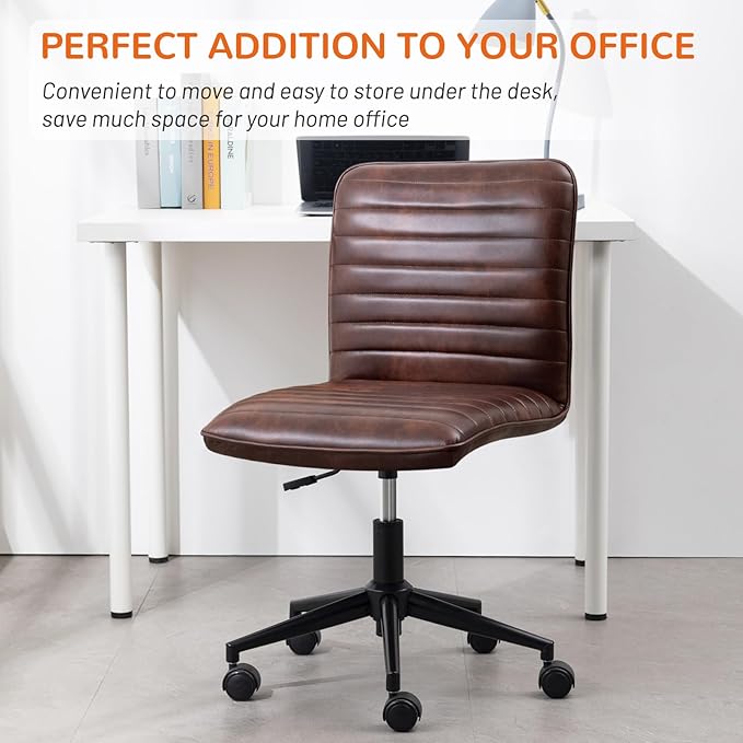 Furniliving Leather Home Office Chair, Armless Vanity Desk Task Chair with Wheels 360° Swivel Computer Rolling Desk Chair with Back, Adjustable Accent Chair with Base Stool - LeafyLoom