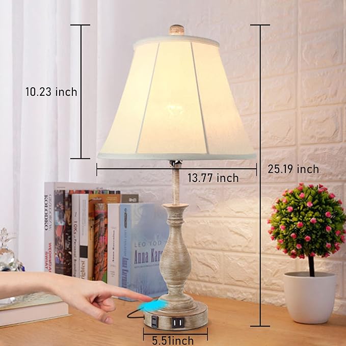 Farmhouse Table Lamp Touch Control 3-Way Dimmable Table Lamp, Modern Nightstand Lamp with 2 USB Port Bedside Desk Lamp with Fabric Shade for Living Room Bedroom Hotel (Pack-02) - LeafyLoom