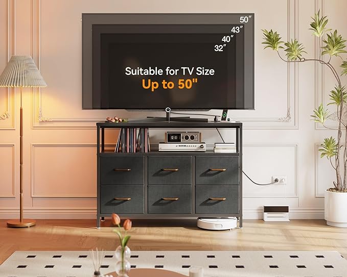 AODK TV Stand with Power Outlet, 40" Long TV Stand with 6 Large Fabric Drawers, Entertainment Center with Open Shelves for 55 Inch TV, Living Room, Black and Dark Grey - LeafyLoom