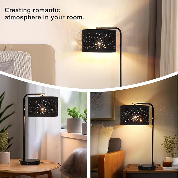 Bedside Table Lamp, Fully Dimmable Table Lamp with 2 USB Ports, Modern Nightstand Lamps with Stars Shade, USB Side Table Lamp, Tall Desk Reading Lamps for Living Room Bedroom 3000k LED Bulb Included - LeafyLoom