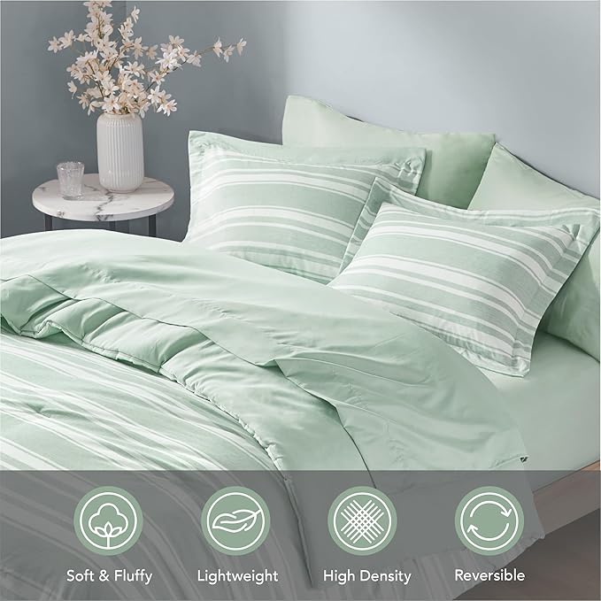 Codi Bed in a Bag Twin Size Complete Set, Sage Green White Striped Single Comforter Set 5 Piece for Teen, Modern Neutral Cationic Dyeing Bed Sets with Comforter, Sheets, Pillowcases & Shams - LeafyLoom