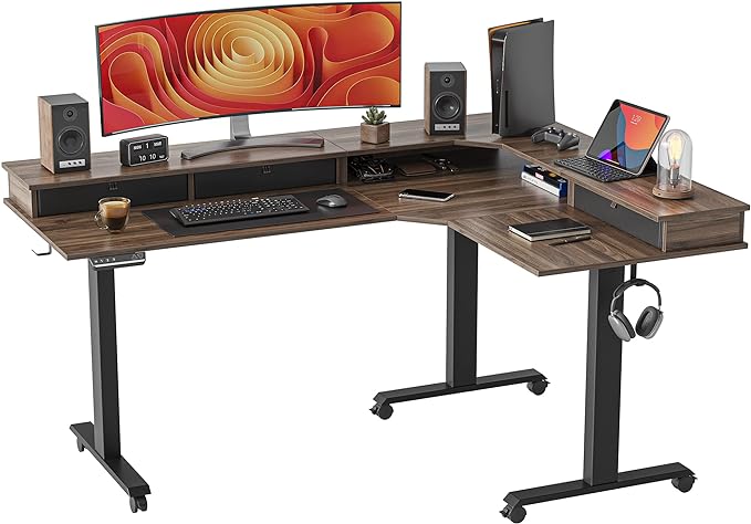 FEZIBO Triple Motor 63" L Shaped Standing Desk with 3 Drawers, Electric Gaming Desk Adjustable Height, Corner Stand up Desk with Splice Board, Black Frame/Black Walnut Top - LeafyLoom