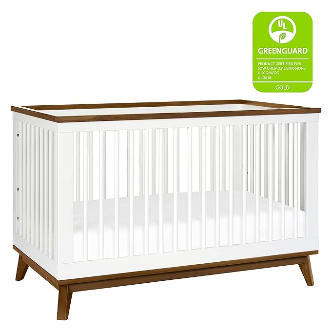 Babyletto Scoot 3-in-1 Convertible Crib with Toddler Bed Conversion Kit in White and Natural Walnut, Greenguard Gold Certified - LeafyLoom