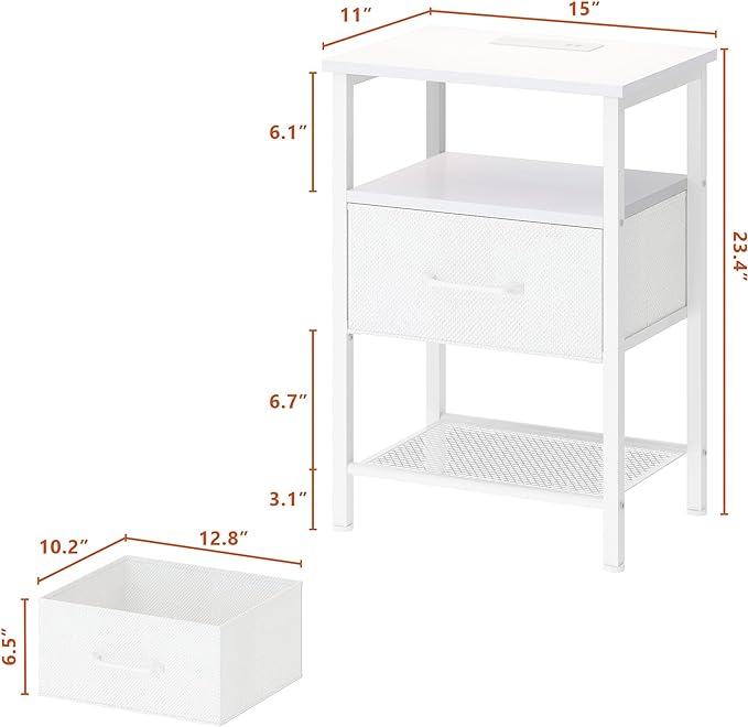 Night Stand, End Table with Charging Station, LED Bedside Table with Fabric Drawer for Bedroom, 3-Tier Side Table with Open Shelf, White - LeafyLoom