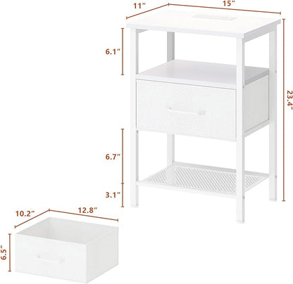 Night Stand, End Table with Charging Station, LED Bedside Table with Fabric Drawer for Bedroom, 3-Tier Side Table with Open Shelf, White - LeafyLoom