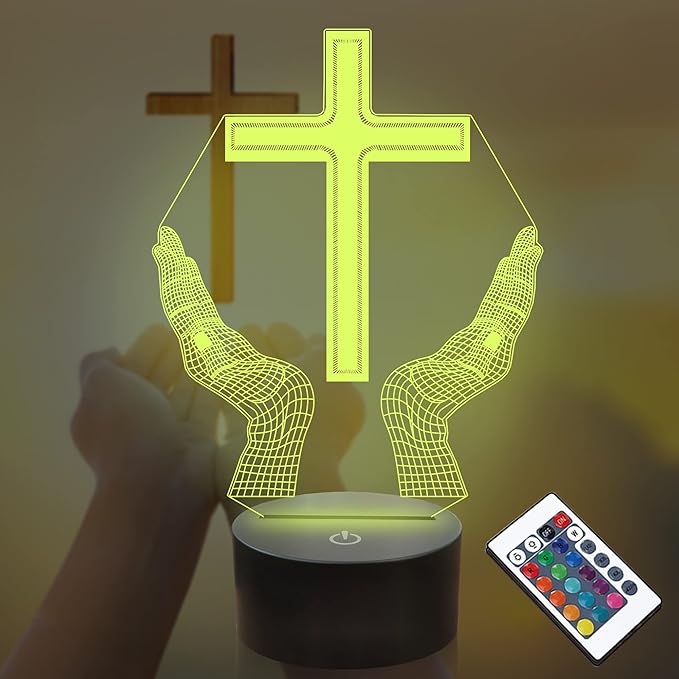 Jesus Cross 3D LED Night Light for Friends Xmas Easter Room Decor Gifts, Crucifix Optical Illusion Desk Table Lamp with Remote + 16 Color Flashing Change + Timer - LeafyLoom