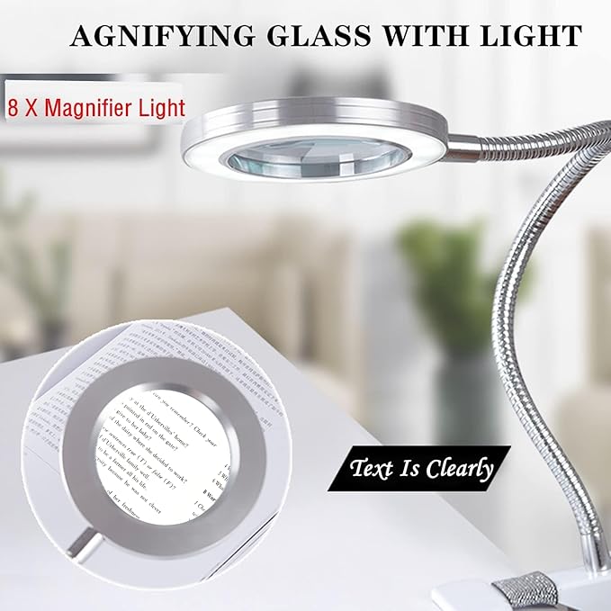 Magnifying Glass with Light and Stand, Desk Lamp LED light with USB Powered,Adjustable Flexible Gooseneck,clip on desktop & bed for Reading, Crafts;studio for Daily Hobbies Repairing. - LeafyLoom