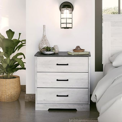 Prepac Rustic Ridge Farmhouse 3-Drawer Nightstand, Washed White, ADNR-1603-1 - LeafyLoom