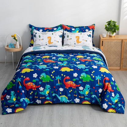 Wajade 7 Piece Kid Boys Dinosaur Comforter Set Full Size 3D Blue Dinosaur Wild Park Jungle Print Bedding Set with Comforter, Sheet Set, Pillowcase and Sham - LeafyLoom