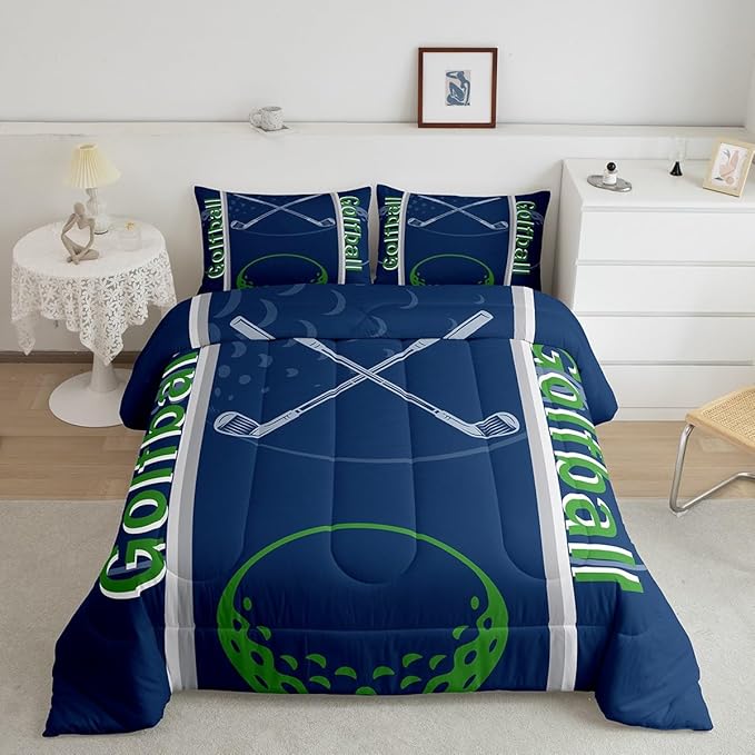 Feelyou Kids Golf Print Comforter Set Queen Size Ball Sports Bedding Set for Boys Girls Teens Bedroom Decor Golf Ball Lover Comforter Women Men Ball Games Duvet Set with 2 Pillow Case - LeafyLoom