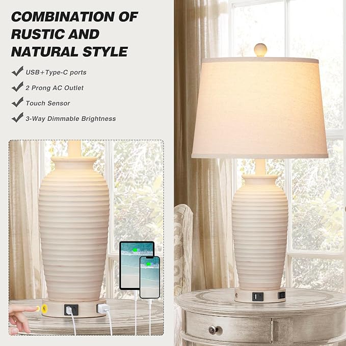 25" Farmhouse Jar Table Lamps Set of 2, 3 Way Touch Control Rustic Bedside Lamps with USB A+C Ports & AC Outlet, Pot Nightstand Lamps for Bedroom Living Room (LED Bulbs Included) - LeafyLoom