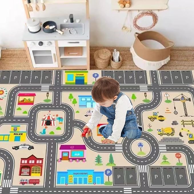 Kids Rug Play Mat for Toy Cars,City Life Road Traffic Educational Carpet,Have Fun Throw Rug,Non-Slip Nursery Rug for Boy and Girl Bedroom 80×120cm/31×47in - LeafyLoom