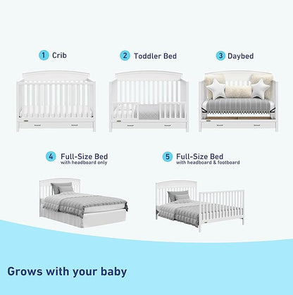 Graco Benton 5-in-1 Convertible Crib with Drawer (White) - Converts from Baby Crib to Toddler Bed, Daybed and Full-Size Bed, Fits Standard Full-Size Crib Mattress, Adjustable Mattress Support Base - LeafyLoom