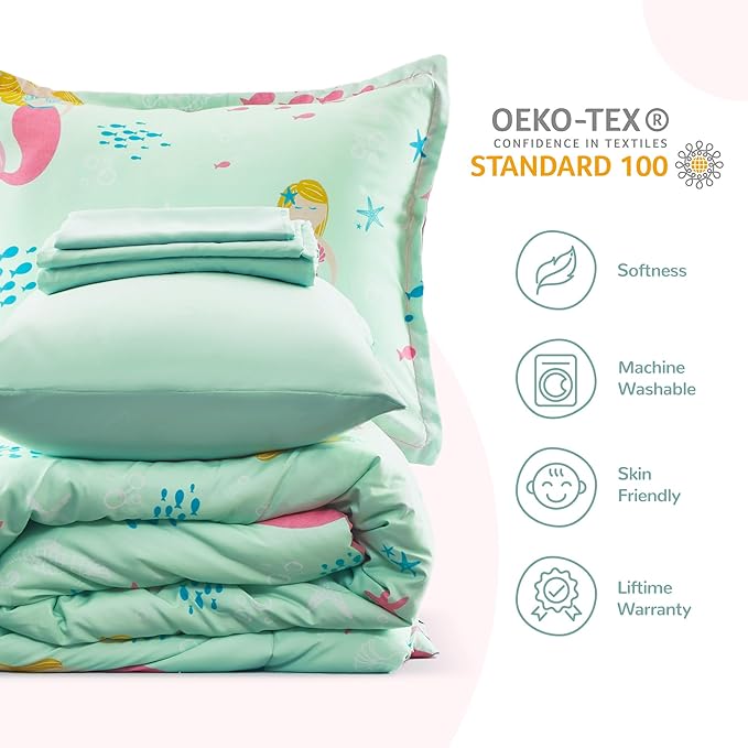 SLEEP ZONE Kids Twin Bedding Comforter Set - Super Cute & Soft Kids Bedding 5 Pieces Set with Comforter, Sheet, Pillowcase & Sham (Mermaid Princess) - LeafyLoom