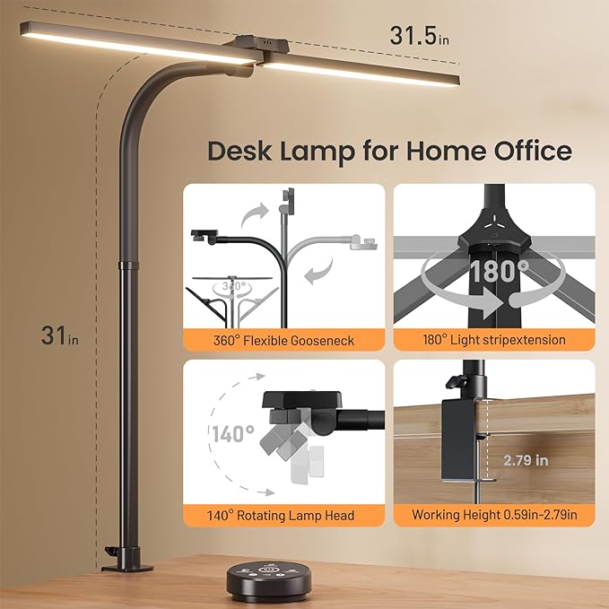 LED Desk Lamp, 24W Bright Architect Desk Lamp for Home Office, Clamp Desk Light with Adjustable Flexible Gooseneck & Remote Control, Eye Caring Table Light for Workbench Study Reading Drafting - LeafyLoom