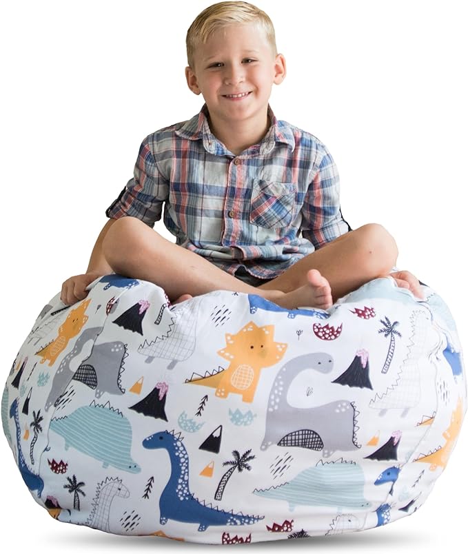 Creative QT Stuff ’n Sit Large 33’’ Bean Bag Storage Cover for Stuffed Animals & Toys – Multicolor Dinosaur Print – Toddler & Kids’ Rooms Organizer – Beanbag Makes Great Plush Toy Hammock Alternative - LeafyLoom