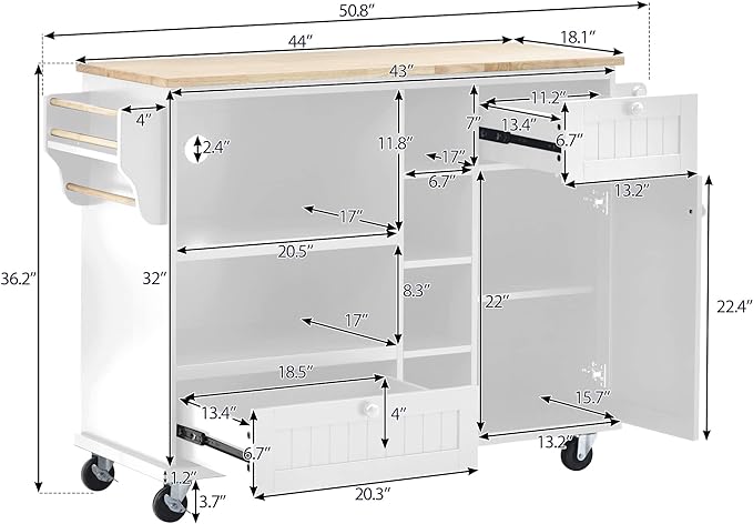 Kitchen Island with Storage on Wheels,Kitchen Island Cart w/Wine Storage Rack and 2 Drawers, Solid Wood Desktop Buffet Server Sideboard for Dining Room, Coffee Bar - LeafyLoom