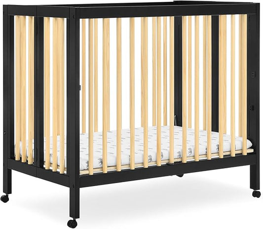 Delta Children Mia Portable Folding Mini Crib with 1.5-Inch Mattress - Greenguard Gold Certified, Ebony Black/Natural - LeafyLoom