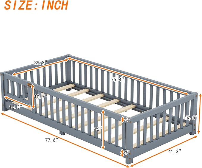 Multifunctional Twin Size Floor Bed with Safety Guardrails and Door, Removable Wood Slats, Montessori Beds Frame for Toddlers, Easy Assembly, for Boys and Girls Room, Gray - LeafyLoom