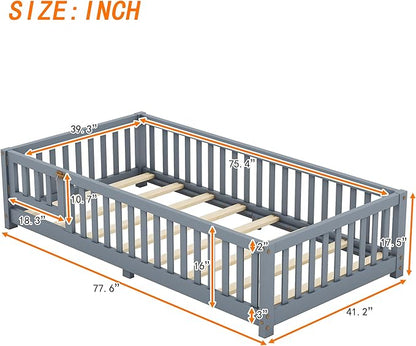 Multifunctional Twin Size Floor Bed with Safety Guardrails and Door, Removable Wood Slats, Montessori Beds Frame for Toddlers, Easy Assembly, for Boys and Girls Room, Gray - LeafyLoom