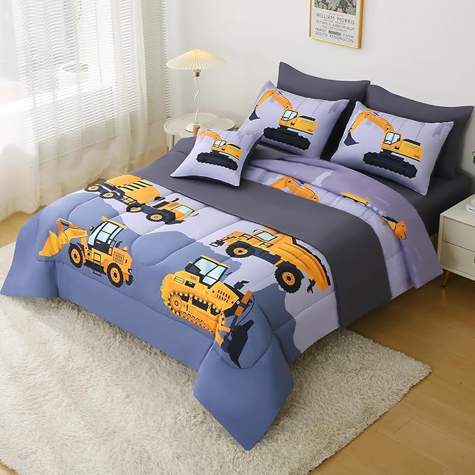 JQinHome Construction Twin Bedding Sets for Boys Kids,6 Piece Bed in A Bag 3D Cartoon Car Excavator Tractor Comforter Set with Sheet Set,Trucks Cars - LeafyLoom