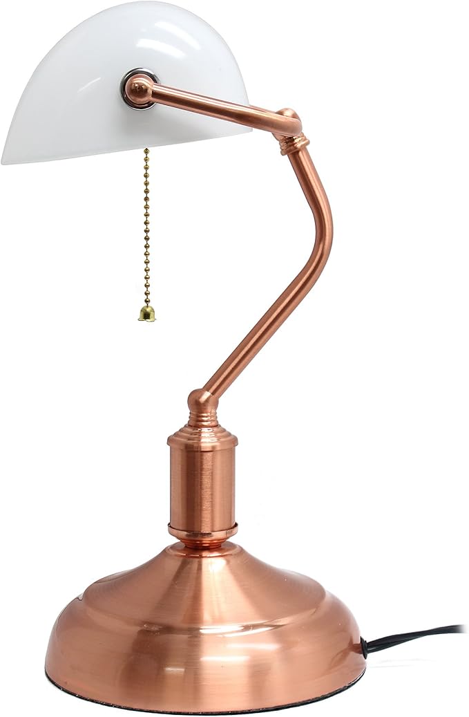 Simple Designs LT3216-RGD Executive Banker's Desk Lamp with White Glass Shade, Rose Gold - LeafyLoom