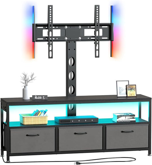 JUSTOGO TV Stand with Mount and Power Outlet, TV Stand Mount with Storage for Living Room, Entertainment Center with LED Lights for 45/55/60/65 inch TVs, Height Adjustable Media Console, Black - LeafyLoom