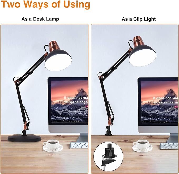 FIRVRE Metal Desk Lamp Adjustable Goose Neck Architect Table Lamp Sandy Black Tall Reading Light Swing Arm Desk Lamp with Clamp Eye-Caring for Bedroom Bedside Study Home Office Library Workplace - LeafyLoom